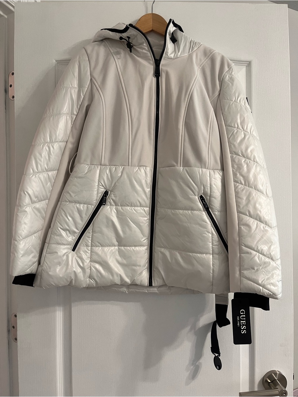 GUESS White Quilted Hooded Puffer Jacket with Black Trim